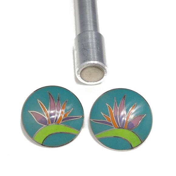 Vintage Laurel Burch Bird of Paradise Post Earrings, Silver Tone Cloisonné - Picture 9 of 10